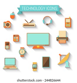 set of technology icons in flat style with long shadow, vector illustration, eps 10 with transparency