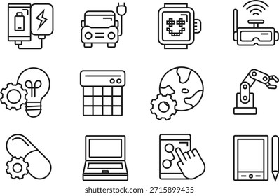 Set of technology icons including laptop car watch router and more isolated on transparent background