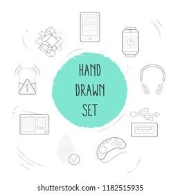 Set of technology icons line style symbols with e-book, warning alert, smart watch and other icons for your web mobile app logo design.