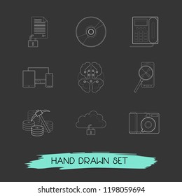 Set of technology icons line style symbols with data mining, landing telephone, documents protection icons for your web mobile app logo design.