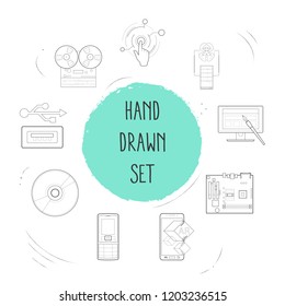 Set of technology icons line style symbols with audio recorder, old mobile phone, virtual interactive control and other icons for your web mobile app logo design.