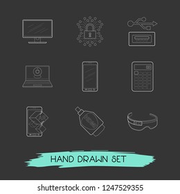 Set of technology icons line style symbols with video chat, augmented reality, calculator and other icons for your web mobile app logo design.