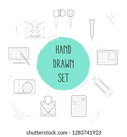 Set of technology icons line style symbols with photo camera, radio, internet protection and other icons for your web mobile app logo design.