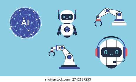 Set of technology icons representing artificial intelligence, robotics, neural networks, and automated manufacturing arms.
