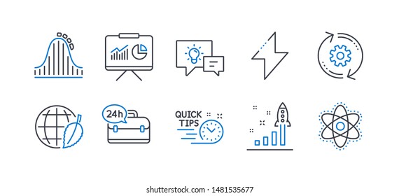 Set of Technology icons, such as 24h service, Environment day, Development plan, Presentation, Roller coaster, Energy, Cogwheel, Idea lamp, Quick tips, Chemistry atom line icons. Vector