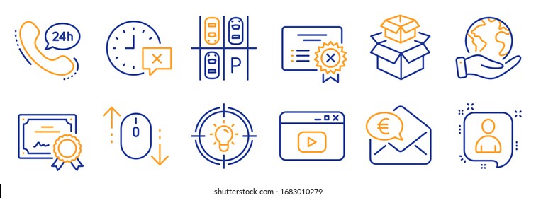 Set of Technology icons, such as 24h service, Video content. Certificate, save planet. Idea, Time, Developers chat. Scroll down, Reject certificate, Packing boxes. Vector
