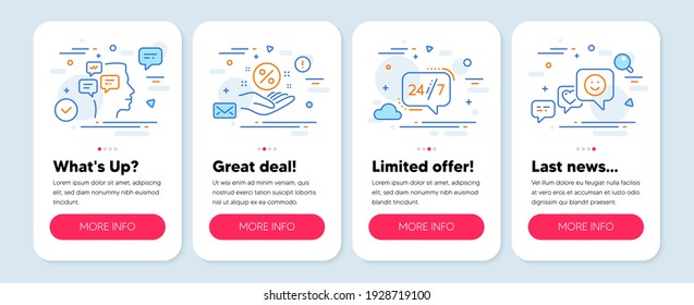 Set of Technology icons, such as 24h service, Messages, Loan percent symbols. Mobile screen app banners. Smile line icons. Call support, Notifications, Discount hand. Socila media. Vector