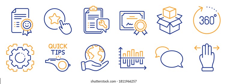 Juego de iconos de tecnología, como 360 grados, diagrama de diagrama. Certificado, salva el planeta. Messenger, Tutoriales, estrella de la lealtad. Aparato de apoyo, cajas de embalaje, espoleta. Vector