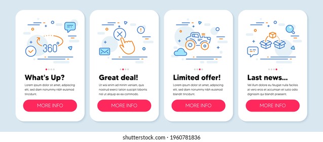 Set of Technology icons, such as 360 degrees, Tractor, Reject click symbols. Mobile screen banners. Parcel shipping line icons. Full rotation, Farm transport, Delete button. Send box. Vector
