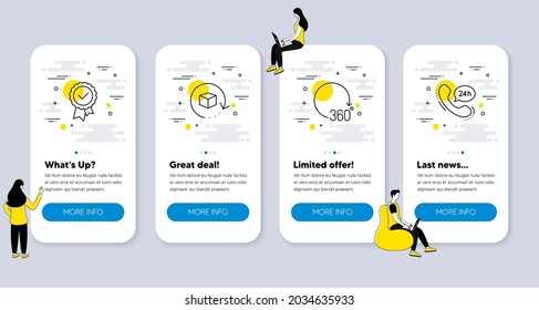 Juego de iconos de la tecnología, como 360 grados, Sello probado, Iconos del paquete Return. pantallas de aplicación de la interfaz de usuario con personas. Símbolos de línea de servicio las 24 horas. Rotación completa, Adjudicación aprobada, Intercambio de mercancías. Vector