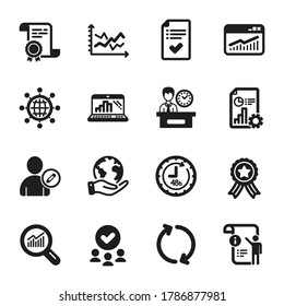 Juego de iconos de tecnología, como 48 horas, portátil Graph. Certificado, grupo aprobado, salvar planeta. Globo internacional, Informe, Análisis de datos. Lista de comprobación aprobada, Refrescar, diagrama de diagrama. Vector