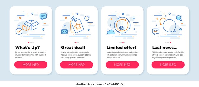 Set of Technology icons, such as 48 hours, Loyalty tags, Packing boxes symbols. Mobile screen mockup banners. Messenger line icons. Delivery service, Bonus reward, Delivery package. Vector