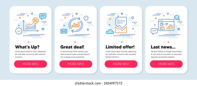 Set of Technology icons, such as 5g statistics, Update data, Corrupted file symbols. Mobile app mockup banners. Seo statistics line icons. Wifi chart, Sales chart, Damaged document. Vector