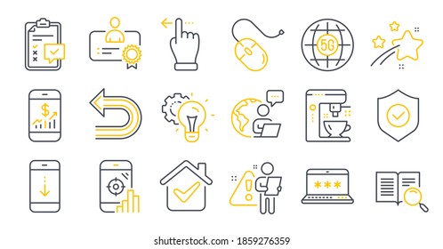 Set of Technology icons, such as 5g internet, Computer mouse, Seo phone symbols. Touchscreen gesture, Scroll down, Mobile finance signs. Coffee maker, Undo, Certificate. Security shield. Vector
