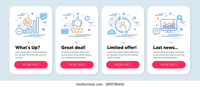Set of Technology icons, such as 5g wifi, User info, Rating stars symbols. Mobile app mockup banners. Statistics line icons. Wireless signal, Update profile, Thumb up. Financial report. Vector