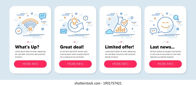 Juego de iconos de tecnología, como wifi 5g, Share idea, símbolos de laboratorio de química. Banners de simulación de aplicaciones móviles. Sonreir iconos de la línea de chat. Internet inalámbrico, solución, matraz de laboratorio. Cara feliz. Vector