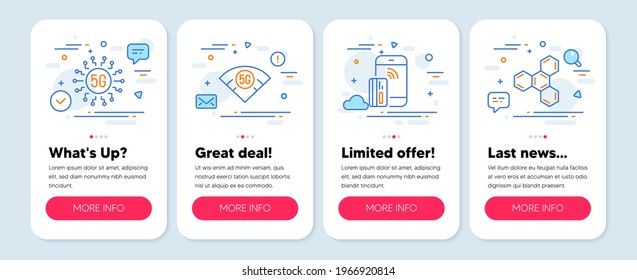 Set von Technologie-Symbolen, wie 5g Technologie, kontaktlose Zahlung, 5g WiFi-Symbole. Mobil-App-Mockup-Banner. Icons der chemischen Formel Vektorgrafik