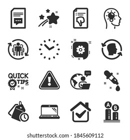 Set of Technology icons, such as Ab testing, Time management, Comments symbols. Face id, Quick tips, Laptop signs. Idea head, Time, Thumb down. Chemistry pipette, Teamwork, Cogwheel. Vector