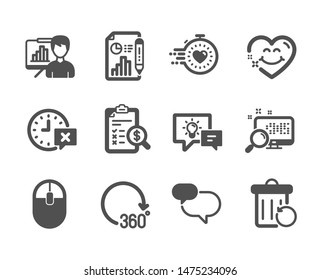 Set of Technology icons, such as Accounting report, Idea lamp, Presentation board, Smile face, Chat message, Computer mouse, 360 degrees, Search, Timer, Report document, Recovery trash. Vector
