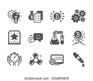 Set of Technology icons, such as Accounting wealth, Loyalty ticket, Chemistry molecule, Bitcoin project, Idea gear, Chemistry pipette, Cogwheel, Timer, Bitcoin system, Report statistics. Vector