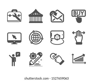 Set of Technology icons, such as Agent, Chart, Globe, Rotation gesture, Receive mail, Tool case, Multitasking gesture, Project edit, Carousels, Augmented reality, Internet, Buying. Agent icon. Vector