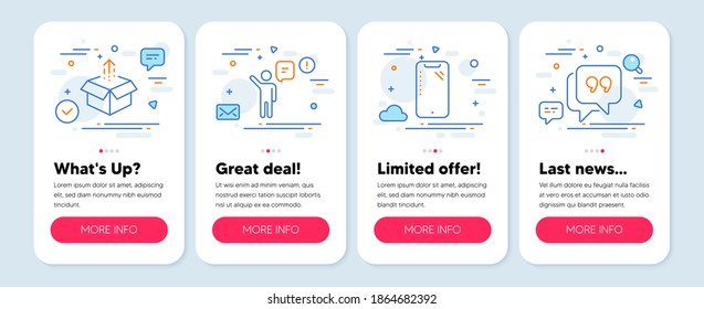 Set of Technology icons, such as Agent, Smartphone, Send box symbols. Mobile app mockup banners. Quote bubble line icons. Business person, Phone, Delivery package. Chat comment. Agent icons. Vector