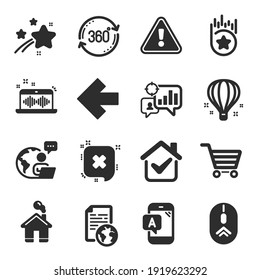 Set of Technology icons, such as Air balloon, Loyalty star, Music making symbols. Reject, Ab testing, Swipe up signs. Left arrow, Internet document, Full rotation. Seo statistics, Home. Vector