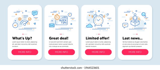 Set of Technology icons, such as Alarm clock, Correct answer, Quick tips symbols. Mobile screen app banners. Augmented reality line icons. Time, Approved, Helpful tricks. Virtual reality. Vector