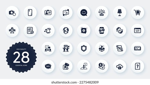 Juego de iconos de tecnología, como sonido de alarma, seguridad de estacionamiento e iconos planos de Educación. Negocios globales, cambio de divisas, elementos web de votación en línea. Archivo desconocido, protección en la nube. Vector