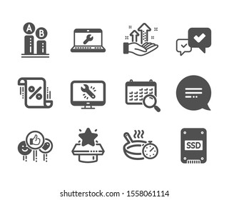Set of Technology icons, such as Analysis graph, Loan percent, Monitor repair, Search calendar, Approve, Text message, Like, Winner podium, Laptop repair, Ab testing, Ssd, Frying pan. Vector