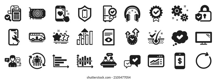 Set of Technology icons, such as Analysis graph, Work, Time management icons. Employees talk, People talking, Teamwork signs. View document, Anti-dandruff flakes, Security lock. Gpu, Stars. Vector