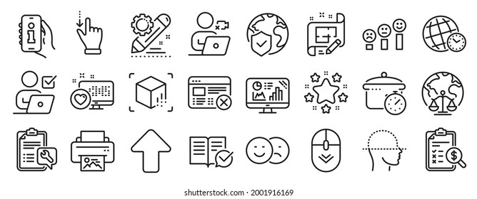 Set of Technology icons, such as Analytics graph, Boiling pan, Augmented reality icons. Accounting report, Architect plan, Face scanning signs. World insurance, Video conference, Spanner. Vector