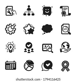 Set of Technology icons, such as Approved, Search file. Certificate, approved group, save planet. Search photo, Pie chart, Comic message. Star, Inspiration, Repair document. Vector