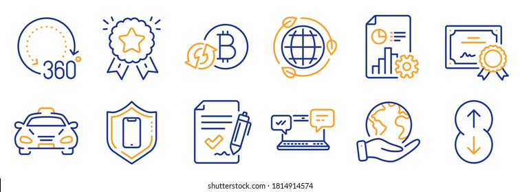 Set von Technologie-Symbole, wie genehmigte Vereinbarung, Taxi. Zertifikat, retten Sie unseren Planeten. Bericht, Eco energy, Scroll runter. Ranking-Stern, 360 Grad, Smartphone-Schutz. Vektorgrafik