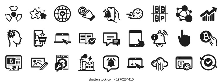 Set of Technology icons, such as Approved documentation, Engineering, Scroll down icons. Chemical hazard, Photo edit, Comment signs. Fast delivery, Notification bubble, Portable computer. Vector