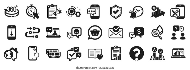 Set of Technology icons, such as Approved mail, Ram, Gears icons. Megaphone checklist, Payment received, Timer signs. Ab testing, Love book, Loan percent. Confirmed, Friends chat, Smile. Vector