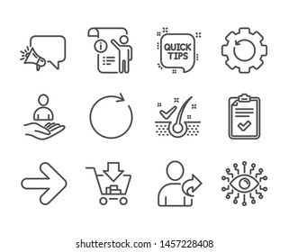 Set of Technology icons, such as Artificial intelligence, Checklist, Quick tips, Megaphone, Refer friend, Next, Recovery gear, Shopping, Synchronize, Manual doc, Recruitment line icons. Vector
