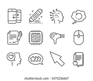 Set of Technology icons, such as Artificial intelligence, Hair dryer, Recovery data, Computer mouse, Mouse cursor, Cpu processor, Signing document, Phone communication, Search file, Stars. Vector