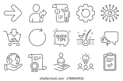 Set of Technology icons, such as Artificial intelligence, Checklist. Diploma, ideas, save planet. Quick tips, Megaphone, Refer friend. Next, Recovery gear, Shopping. Vector