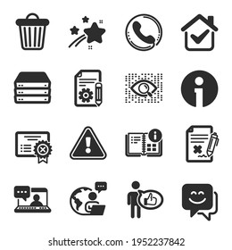 Set of Technology icons, such as Artificial intelligence, Smile face, Reject file symbols. Like, Reject certificate, Documentation signs. Call center, Servers, Trash bin. Info flat icons. Vector