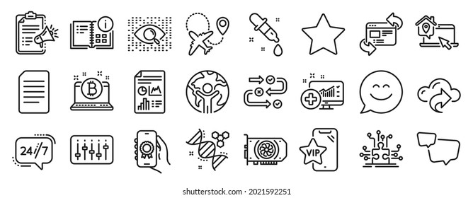 Juego de iconos de la tecnología, como inteligencia artificial, negocios globales, iconos de chat de Smile. Análisis médico, página web de actualización, señales de teléfono de Vip. Aplicación de premio, Documento de informe, servicio 24h. Vector