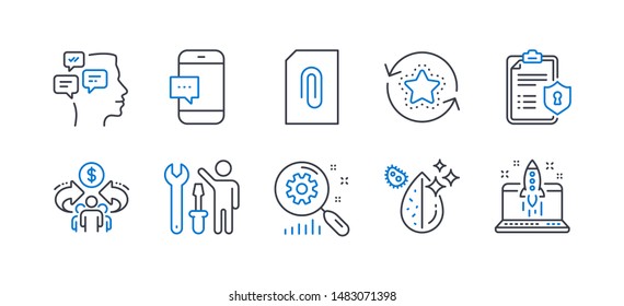 Set of Technology icons, such as Attachment, Loyalty points, Privacy policy, Sharing economy, Smartphone message, Repairman, Search statistics, Dirty water, Messages, Start business. Vector