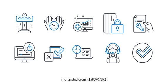 Set Of Technology Icons, Such As Attraction, Support, Medical Analytics, Safe Time, Checkbox, Online Test, Like Video, Blocked Card, Repair Document, Verify Line Icons. Line Attraction Icon. Vector