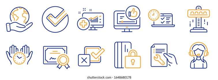 Set of Technology icons, such as Attraction, Support. Certificate, save planet. Medical analytics, Safe time, Checkbox. Online test, Like video, Blocked card. Vector