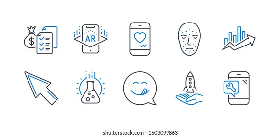 Set of Technology icons, such as Augmented reality, Growth chart, Yummy smile, Accounting wealth, Face biometrics, Love chat, Chemistry lab, Crowdfunding, Mouse cursor, Phone repair. Vector