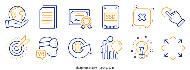 Set of Technology icons, such as Augmented reality, Rotation gesture. Certificate, save planet. Reject, Ssd, World globe. Idea, Copy files, Maximize. Target purpose, Search people line icons. Vector