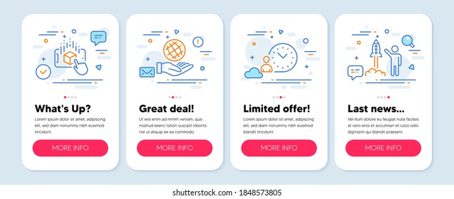 Set of Technology icons, such as Augmented reality, Safe planet, Time management symbols. Mobile app mockup banners. Launch project line icons. Phone simulation, Ecology, Work time. Vector