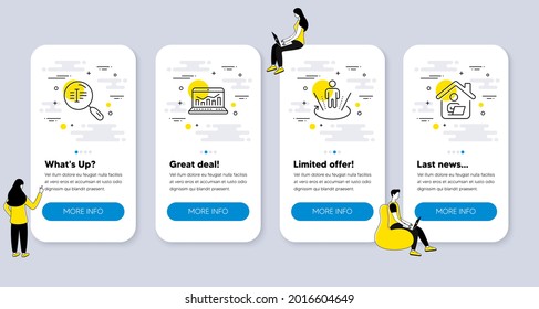 Juego de iconos de tecnología, como Realidad aumentada, Análisis web, Iconos de texto de búsqueda. pantallas de aplicación de la interfaz de usuario con personas. Trabajar con símbolos de línea principal. Realidad virtual, Estadísticas, Buscar palabra. Vector