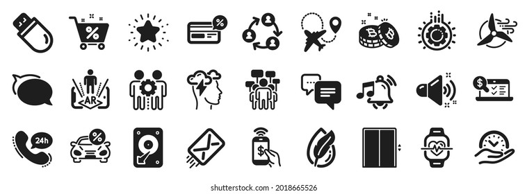 Set of Technology icons, such as Augmented reality, Cashback, Bitcoin icons. E-mail, Talk bubble, Safe time signs. Mindfulness stress, Lift, Phone payment. Dots message, Loud sound, Hdd. Vector