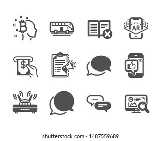 Set of Technology icons, such as Bitcoin think, Seo analytics, Reject book, Atm service, Bus tour, Megaphone checklist, Dots message, Mobile like, Chat message, Messenger, Wifi. Vector